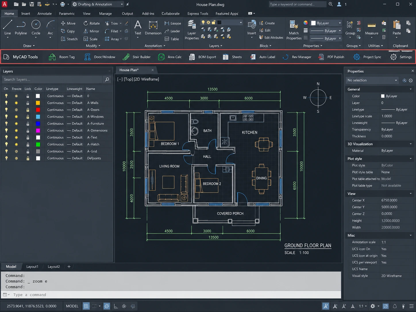 Illustration d’un espace de travail AutoCAD avec une barre d’outils personnalisée et un plan