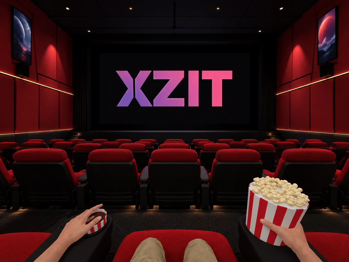 Illustration d’un environnement de réalité virtuelle : salle de cinéma avec un écran XZIT