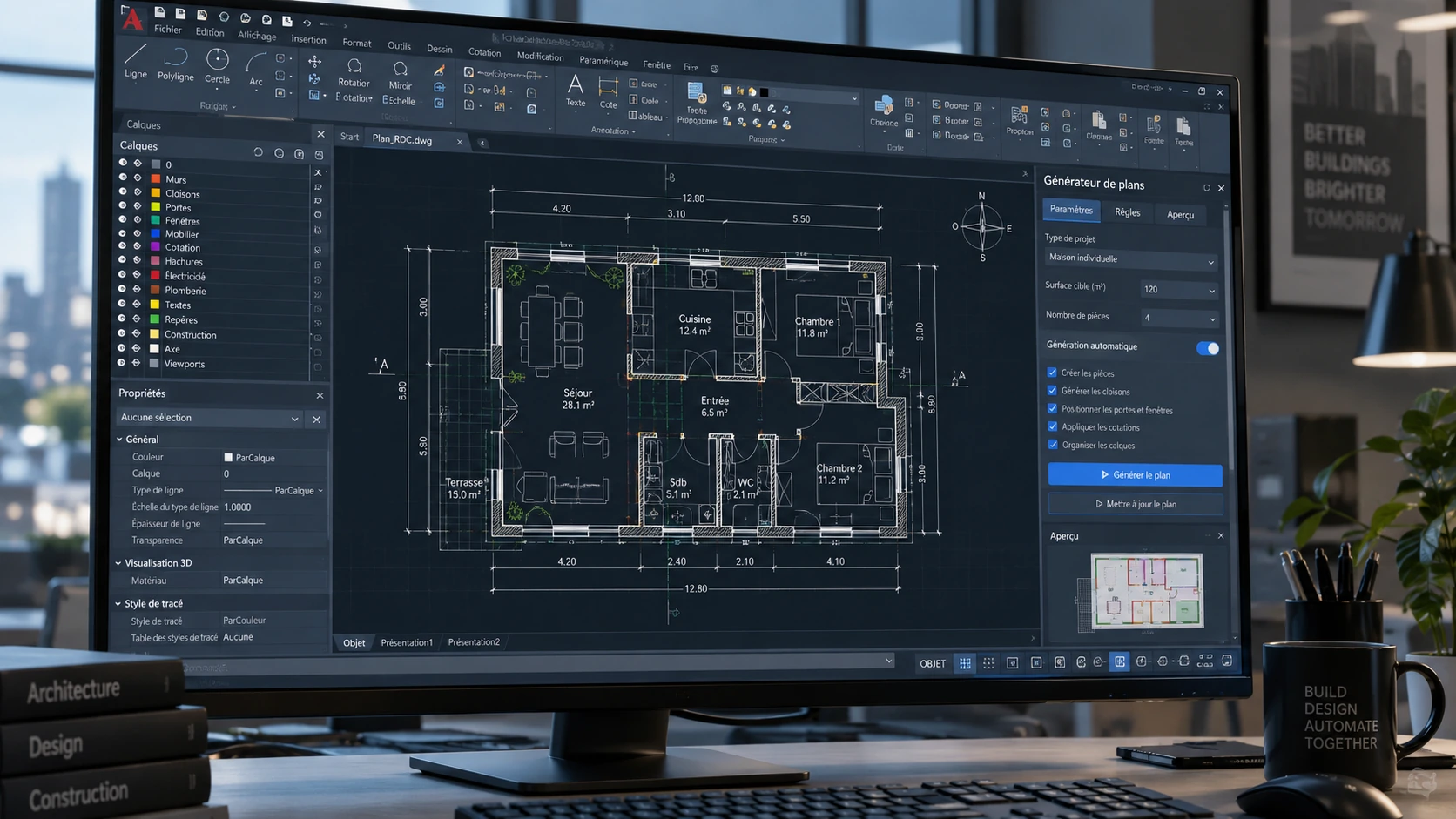Visuel de présentation d’un plugin AutoCAD : plan de bâtiment et panneau de génération paramétrée