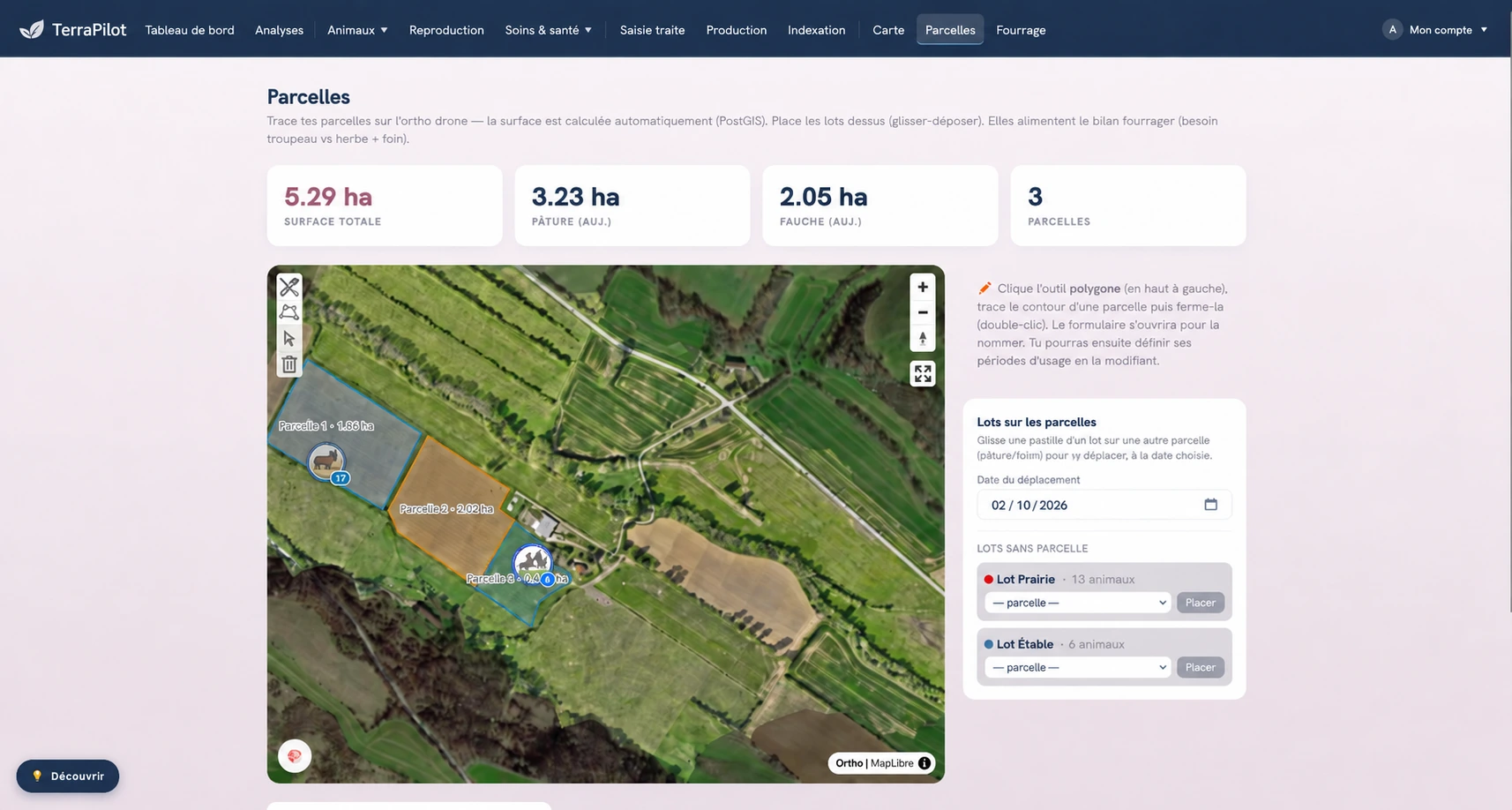 TerraPilot : aperçu du module parcellaire, avec une vue drone, les surfaces et la répartition des lots d’animaux